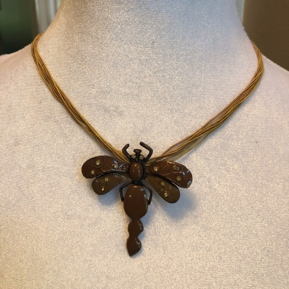 Vintage Enamel Dragonfly Necklace Brown Boho Nature